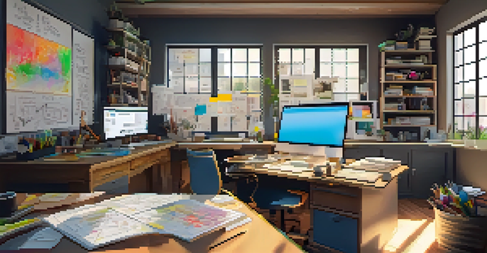 A cluttered creative workspace with colorful storyboards and art supplies under natural light.