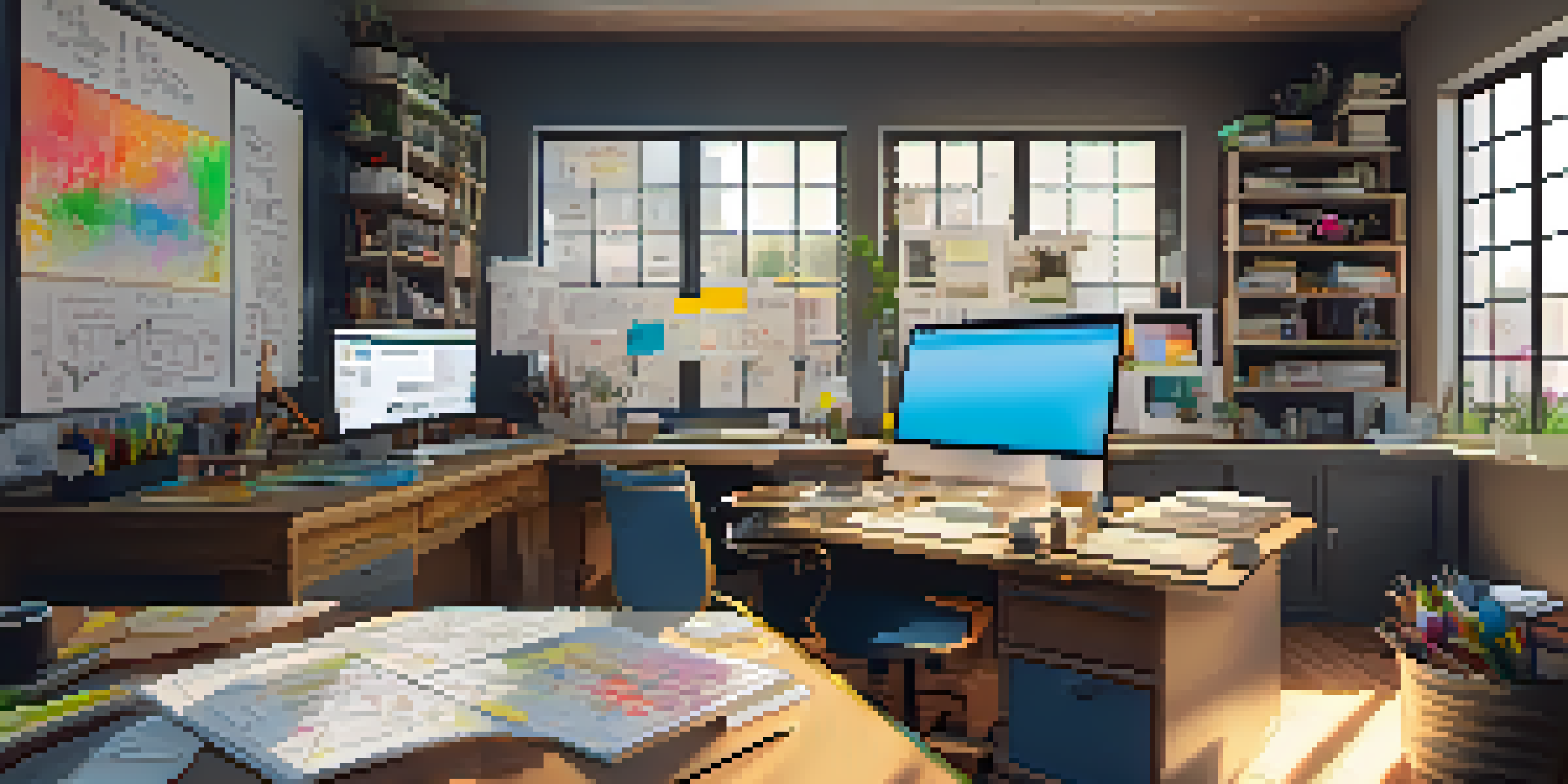 A cluttered creative workspace with colorful storyboards and art supplies under natural light.