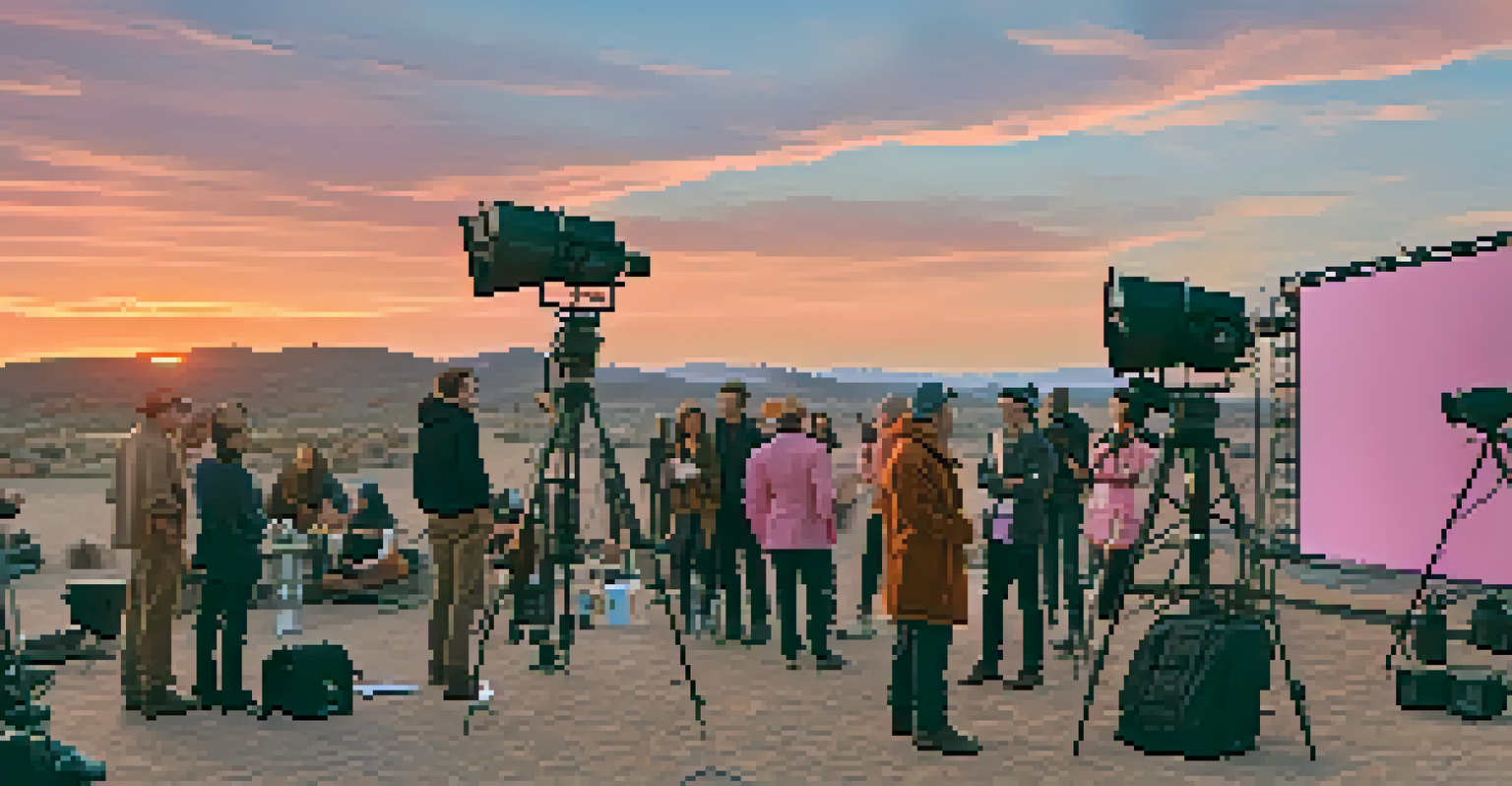 A director and cast discussing a scene during sunset on an outdoor film set, with vibrant sky colors and crew members around.