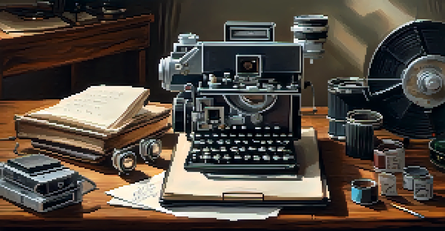 A filmmaker's workspace with a classic film camera, film reels, and a notebook on a rustic table, illuminated by soft light.