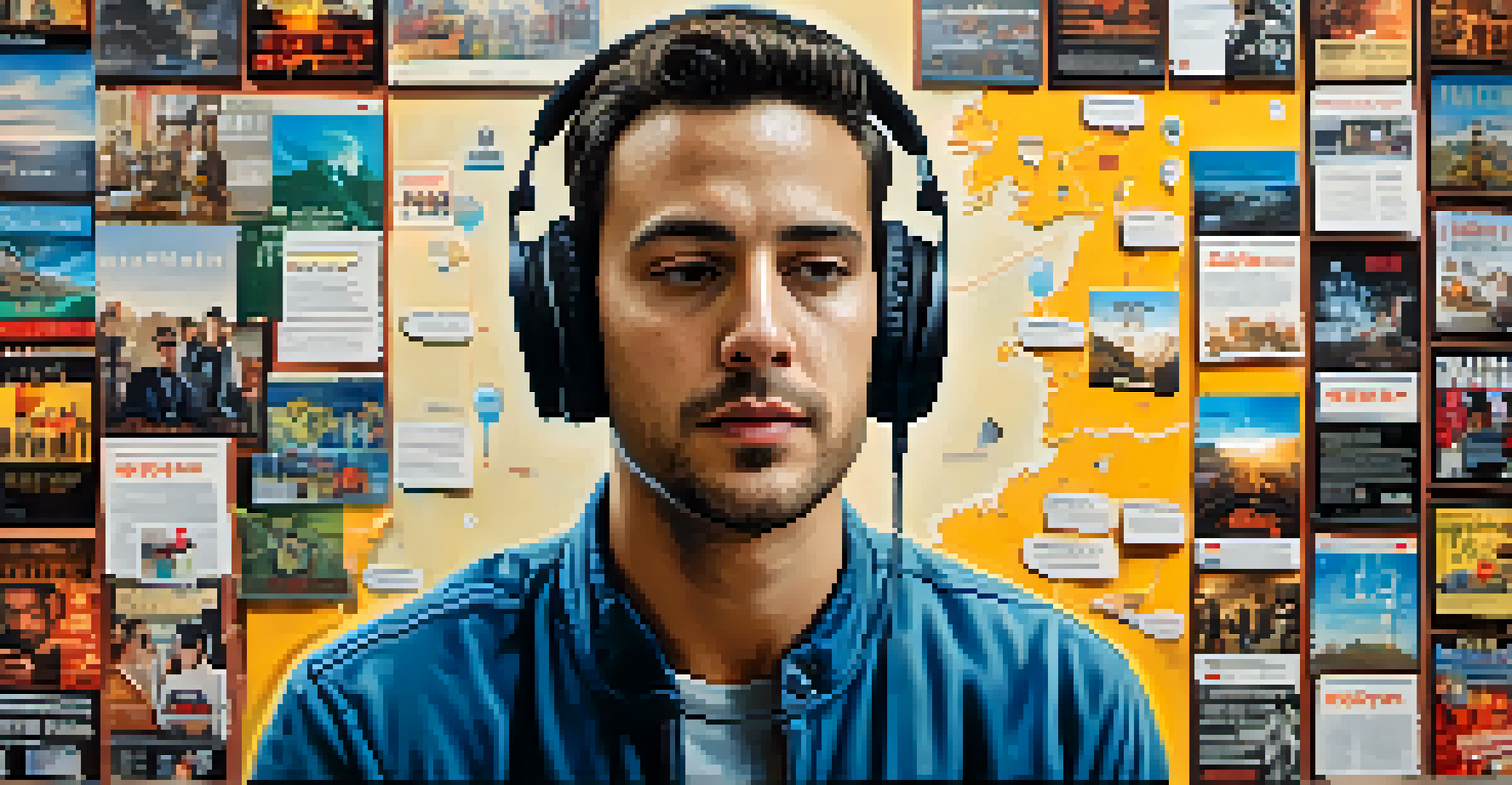 A listener with headphones, surrounded by international movie posters and a world map, immersed in a podcast about global cinema.