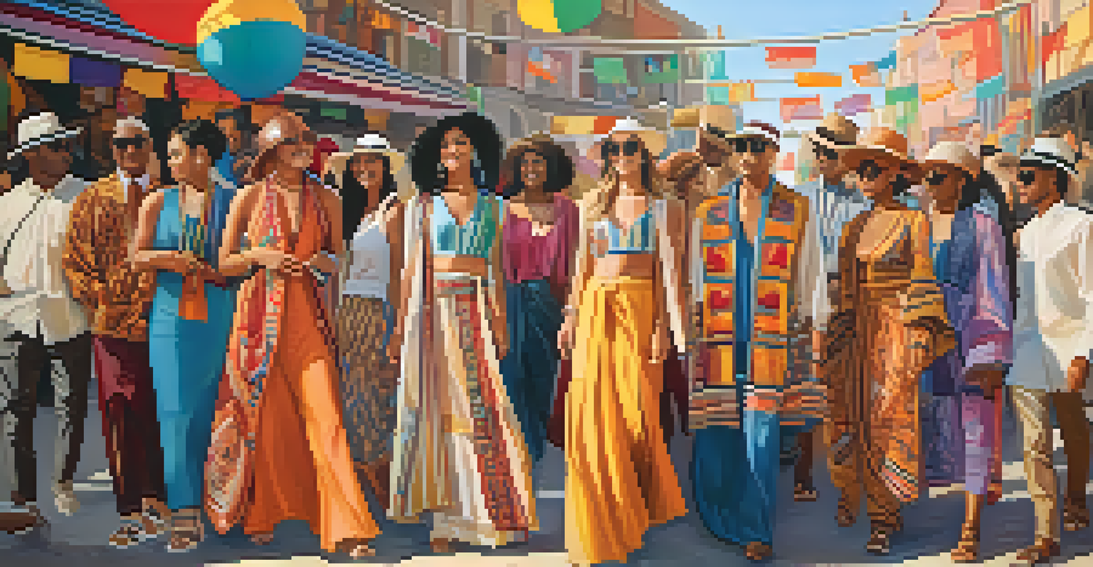 A diverse group of individuals showcases unique cultural clothing styles at an outdoor festival filled with colorful decorations.