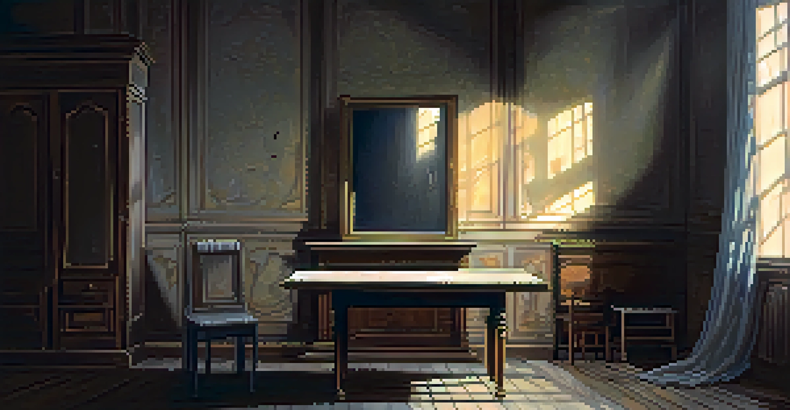 An eerie, dimly lit room with vintage furniture, a cracked mirror, and a flickering candle, casting shadows on the walls with a tattered curtain fluttering.