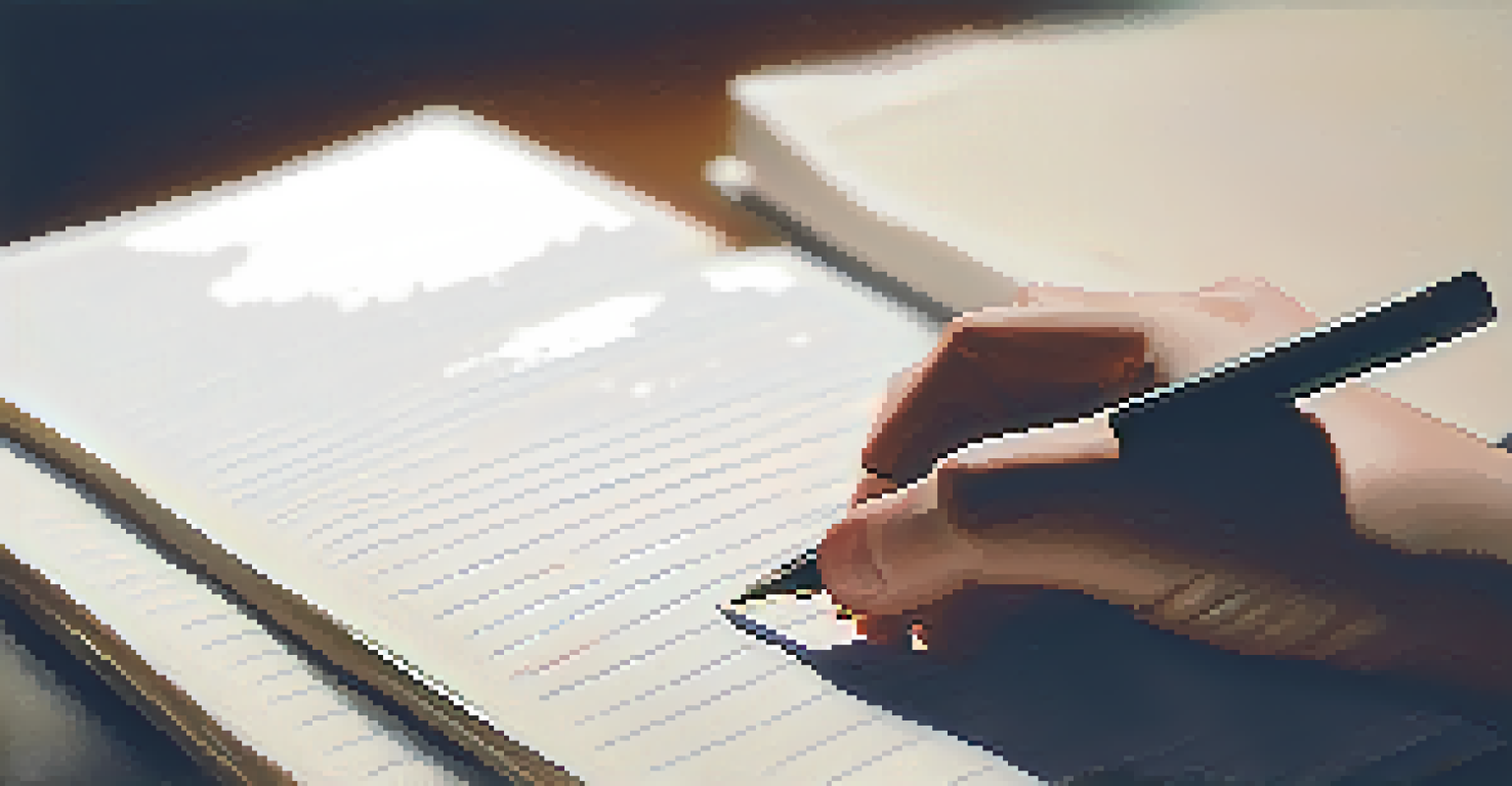 A close-up of a trembling hand gripping a pen above a blank notebook, indicating inner turmoil and emotional weight.