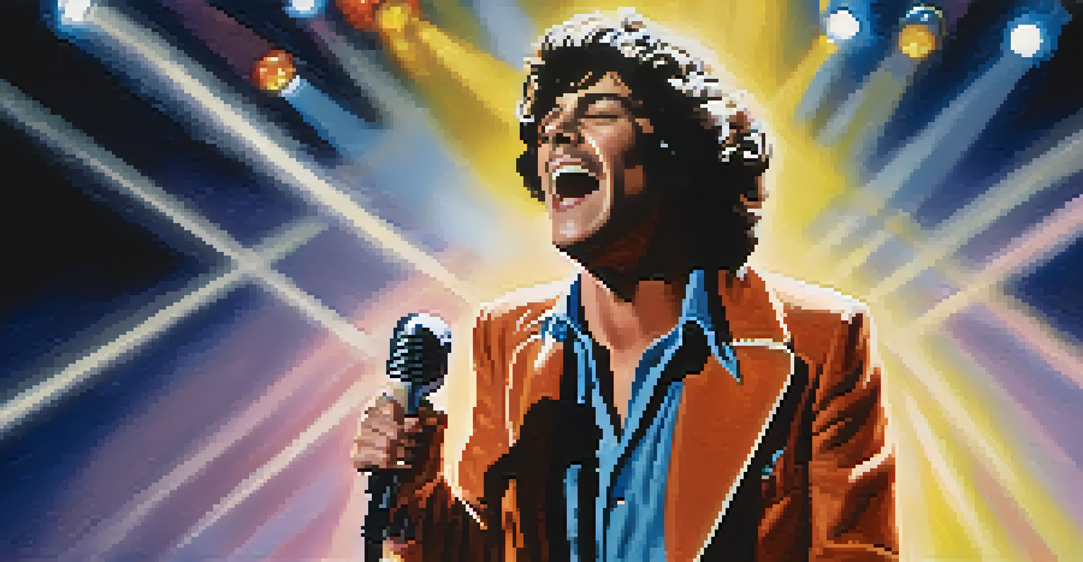 A character on stage with a microphone under bright lights, depicting a triumphant moment in a biopic film.