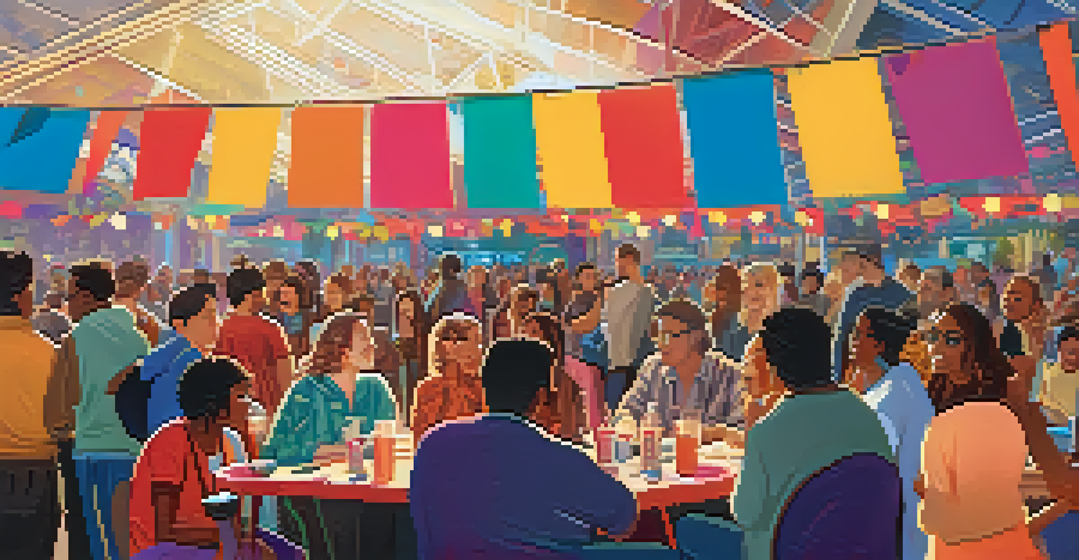 A lively film festival with diverse attendees discussing films, colorful banners in the background, and bright lighting creating an energetic atmosphere.