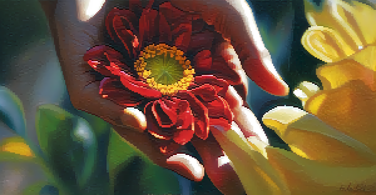 A close-up of a hand holding a colorful flower, showcasing the details of the petals and the textures of the hand.