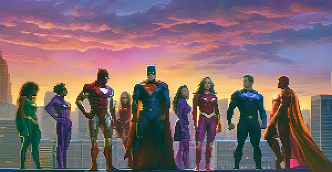 A diverse group of superheroes on a city rooftop at sunset, showcasing unique costumes and poses against a colorful sky.