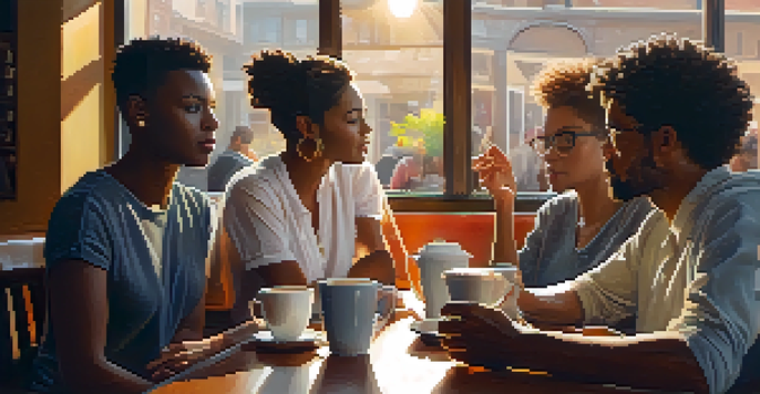 A diverse group of people having an animated discussion in a coffee shop, with sunlight streaming in, emphasizing their expressions of determination and empathy.