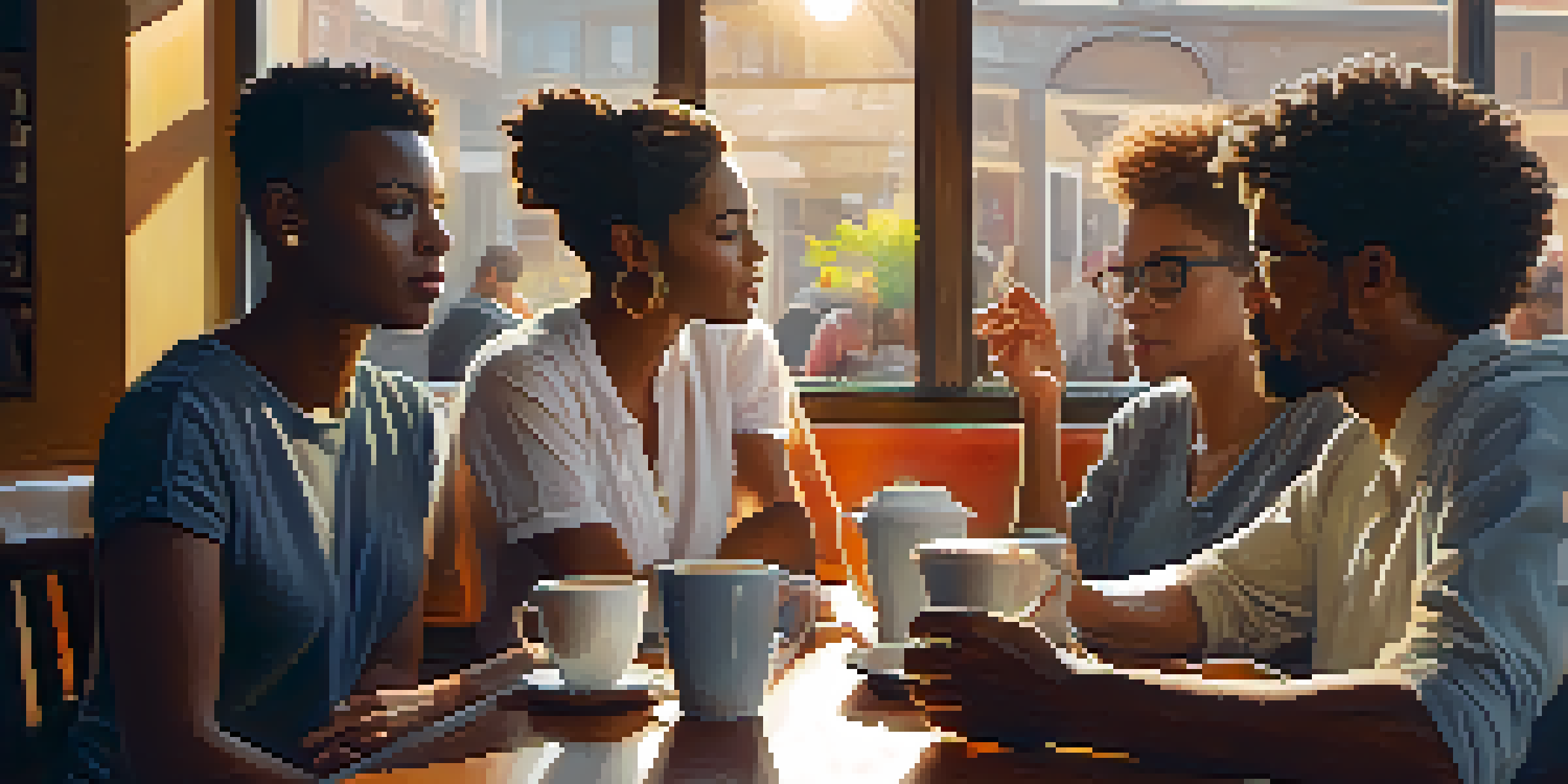 A diverse group of people having an animated discussion in a coffee shop, with sunlight streaming in, emphasizing their expressions of determination and empathy.