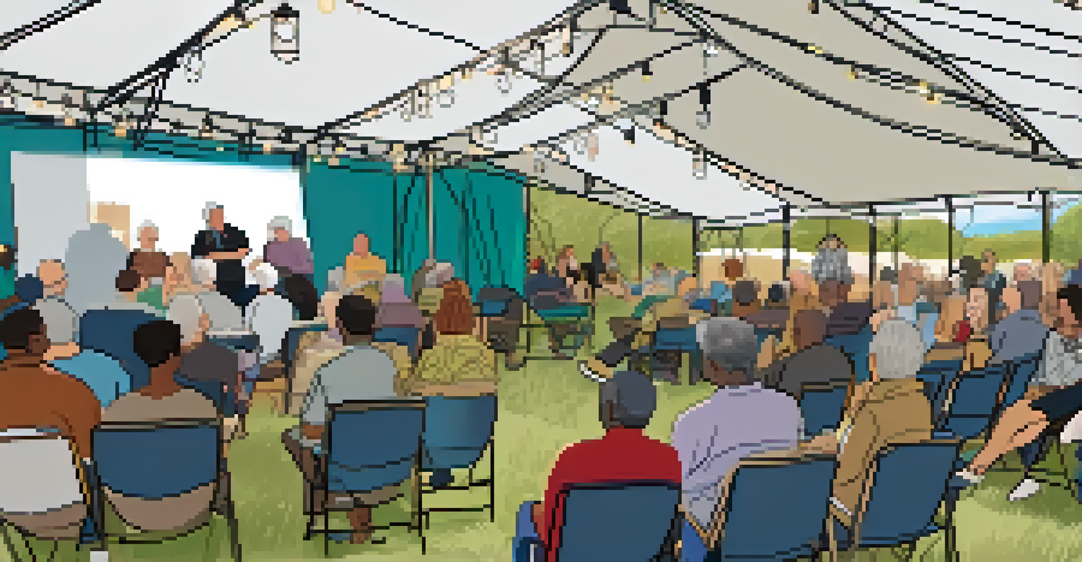 An outdoor panel discussion with older filmmakers sharing stories at a film festival, surrounded by an engaged audience under a tent with string lights.