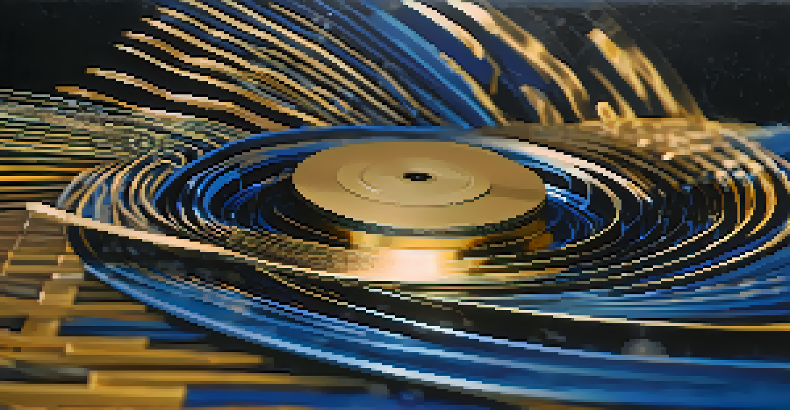 An abstract representation of soundwaves emerging from a film reel, showcasing vibrant colors and movement, set against a blurred film set background.