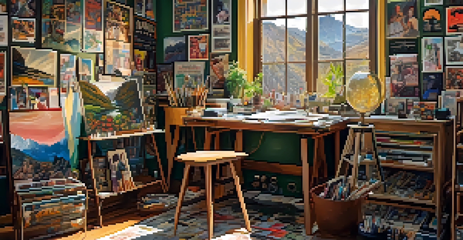 An artist's studio filled with international film posters, paintings, and film reels, with natural light streaming through a large window.
