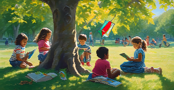 A diverse group of children playing in a sunny park, engaging in various activities like flying kites, painting, and reading.