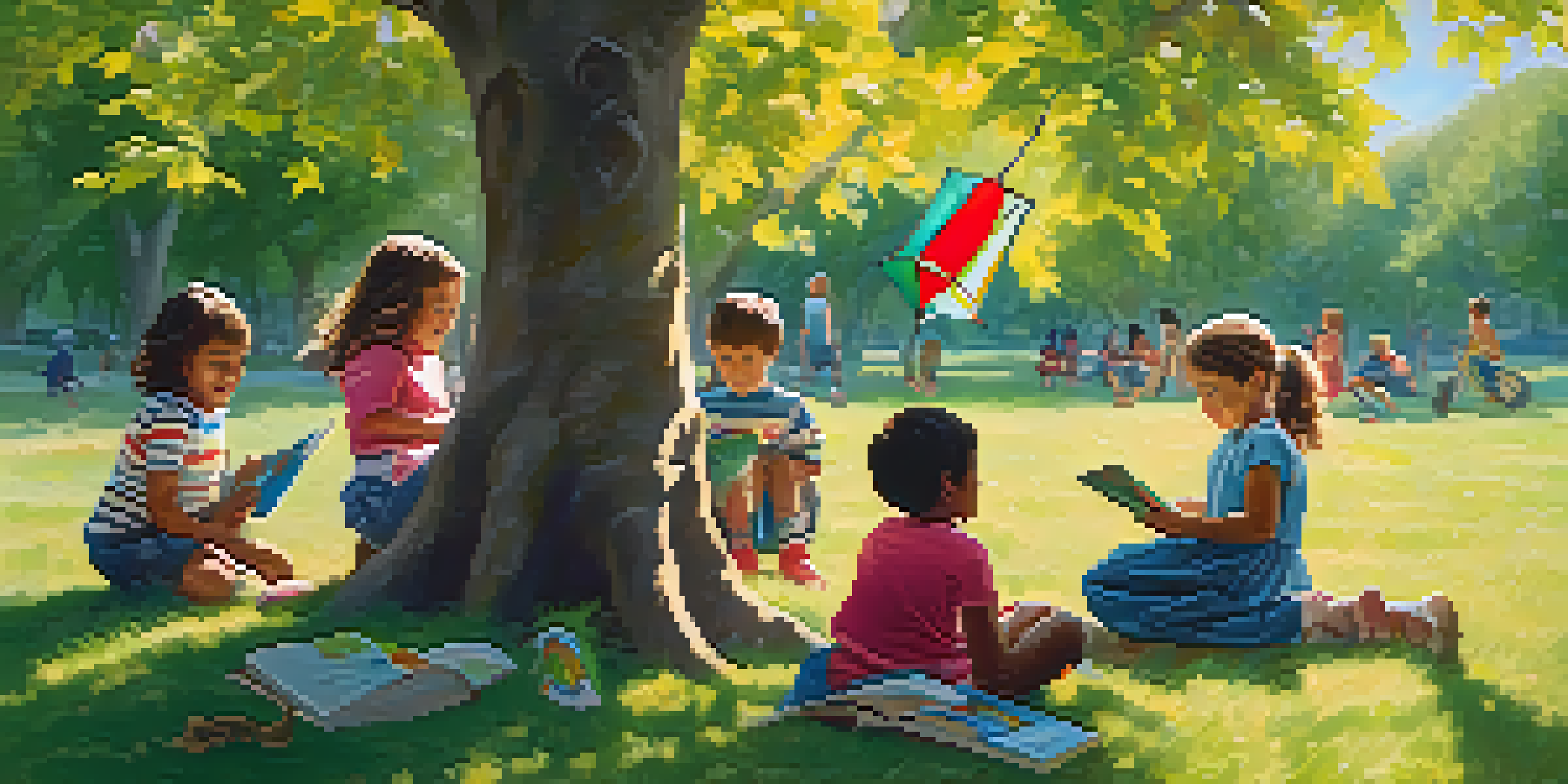 A diverse group of children playing in a sunny park, engaging in various activities like flying kites, painting, and reading.
