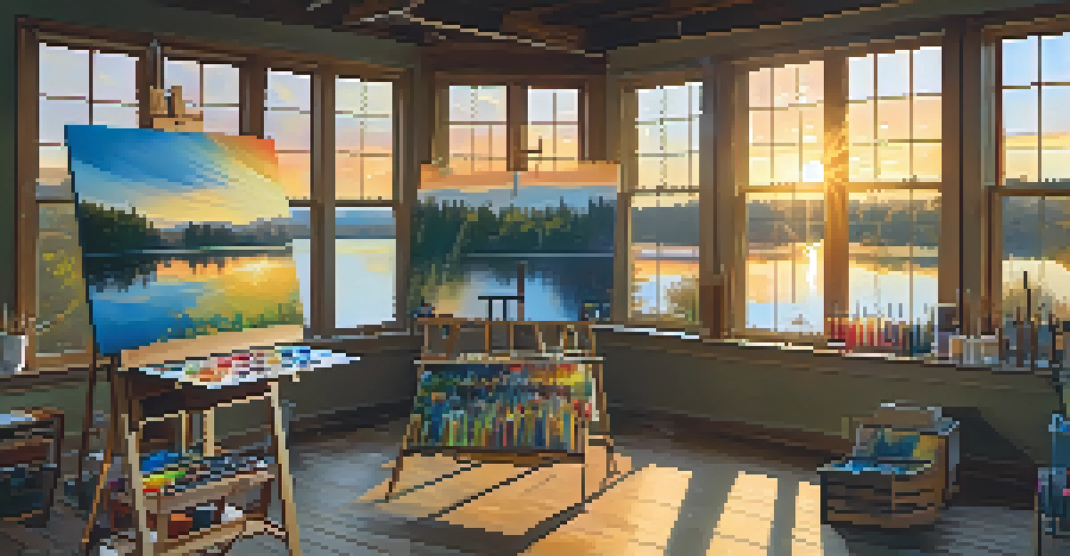 An artist's workshop with colorful canvases, paint supplies, and a painting of a sunset over a lake.
