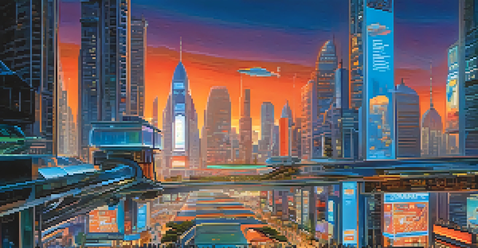 A futuristic city skyline with neon lights and flying vehicles at dusk.
