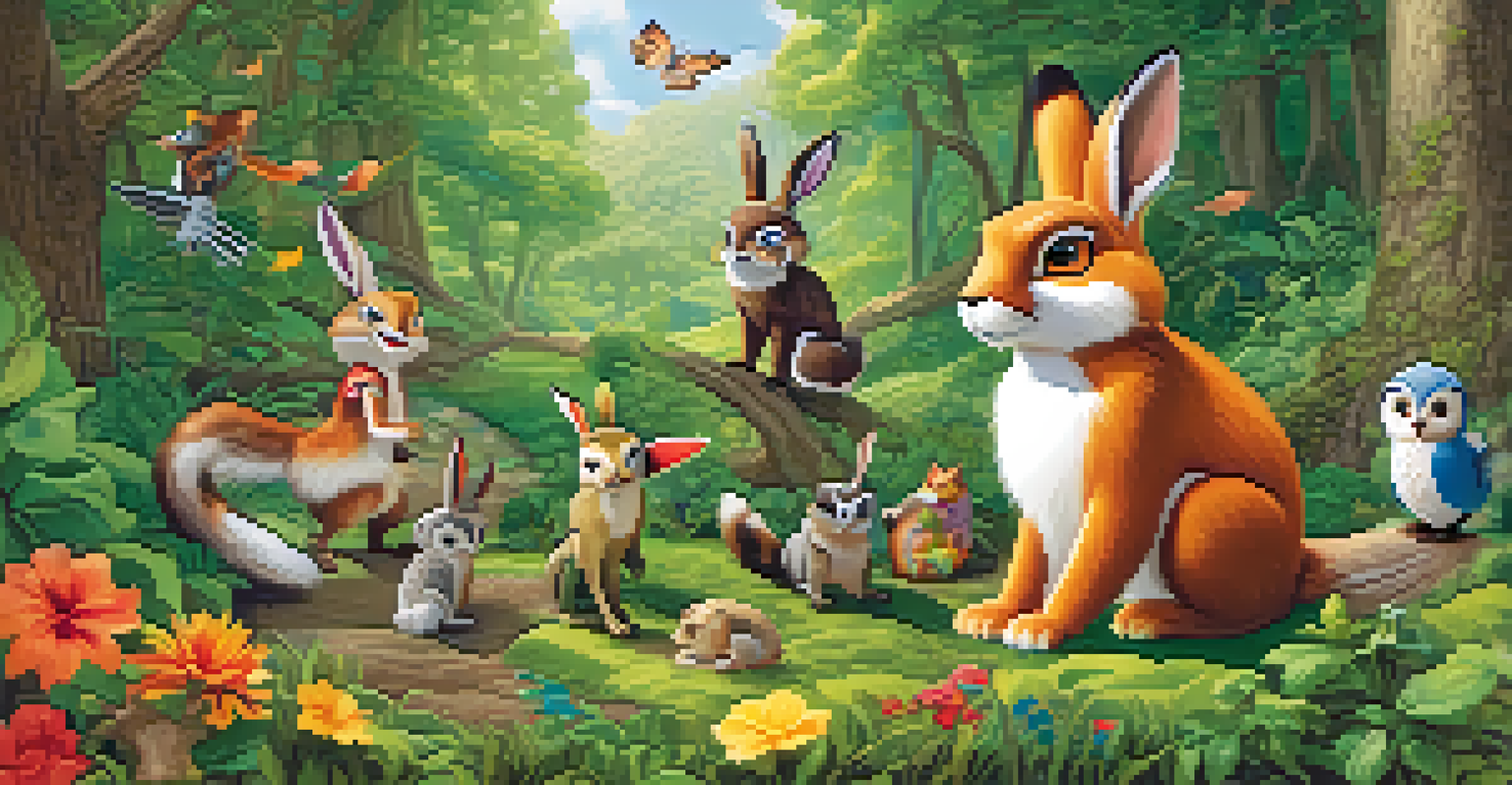 A forest with animals like a rabbit planting a tree and a fox recycling, surrounded by greenery and flowers.