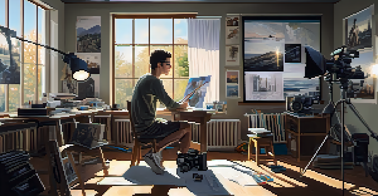 A student focused on creating a short film with a camera in a bright room filled with film equipment and creative materials.