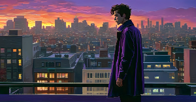 A solitary figure in a trench coat stands on a rooftop at dusk, looking over a city skyline filled with vibrant sunset colors.