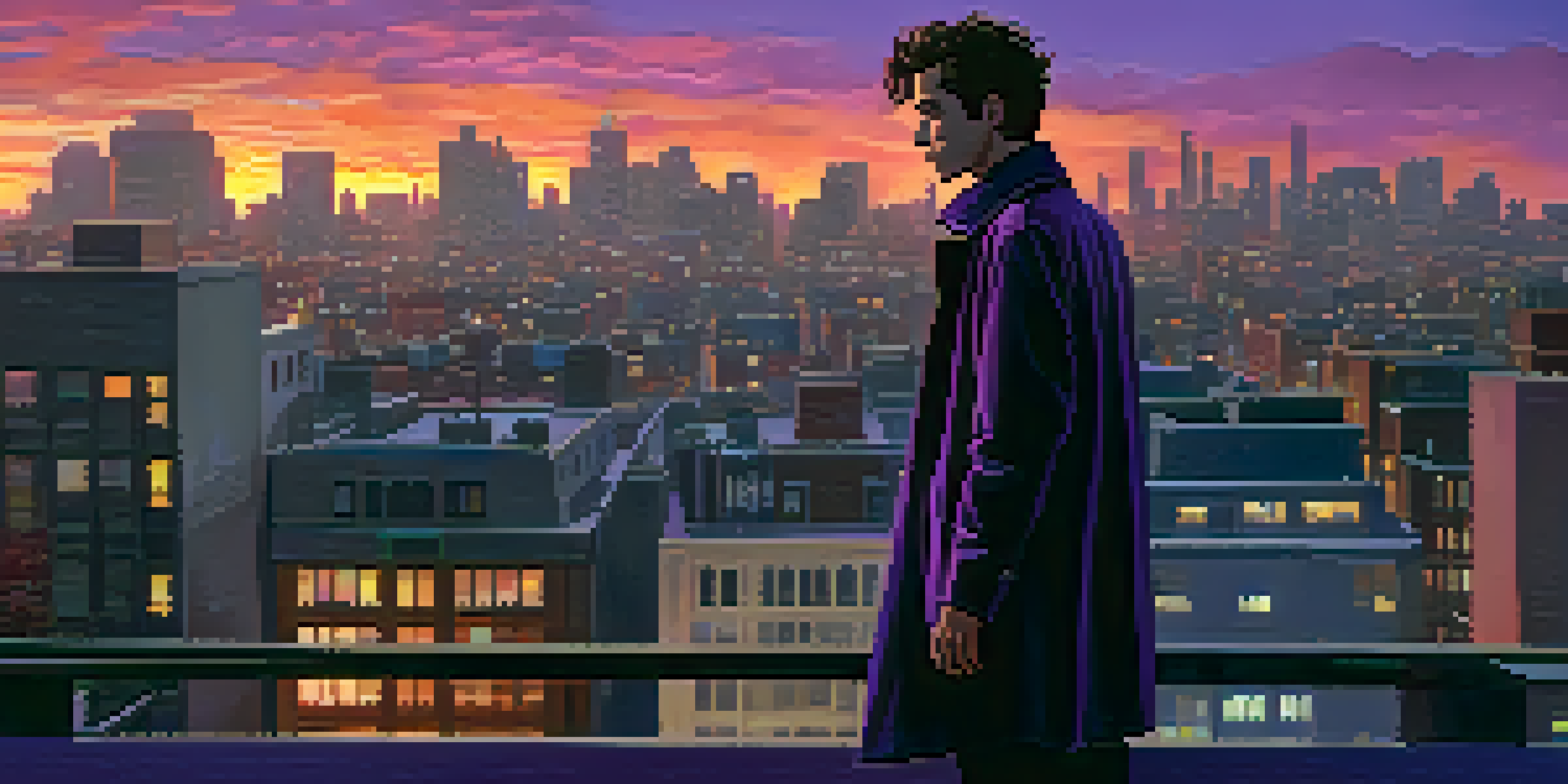 A solitary figure in a trench coat stands on a rooftop at dusk, looking over a city skyline filled with vibrant sunset colors.