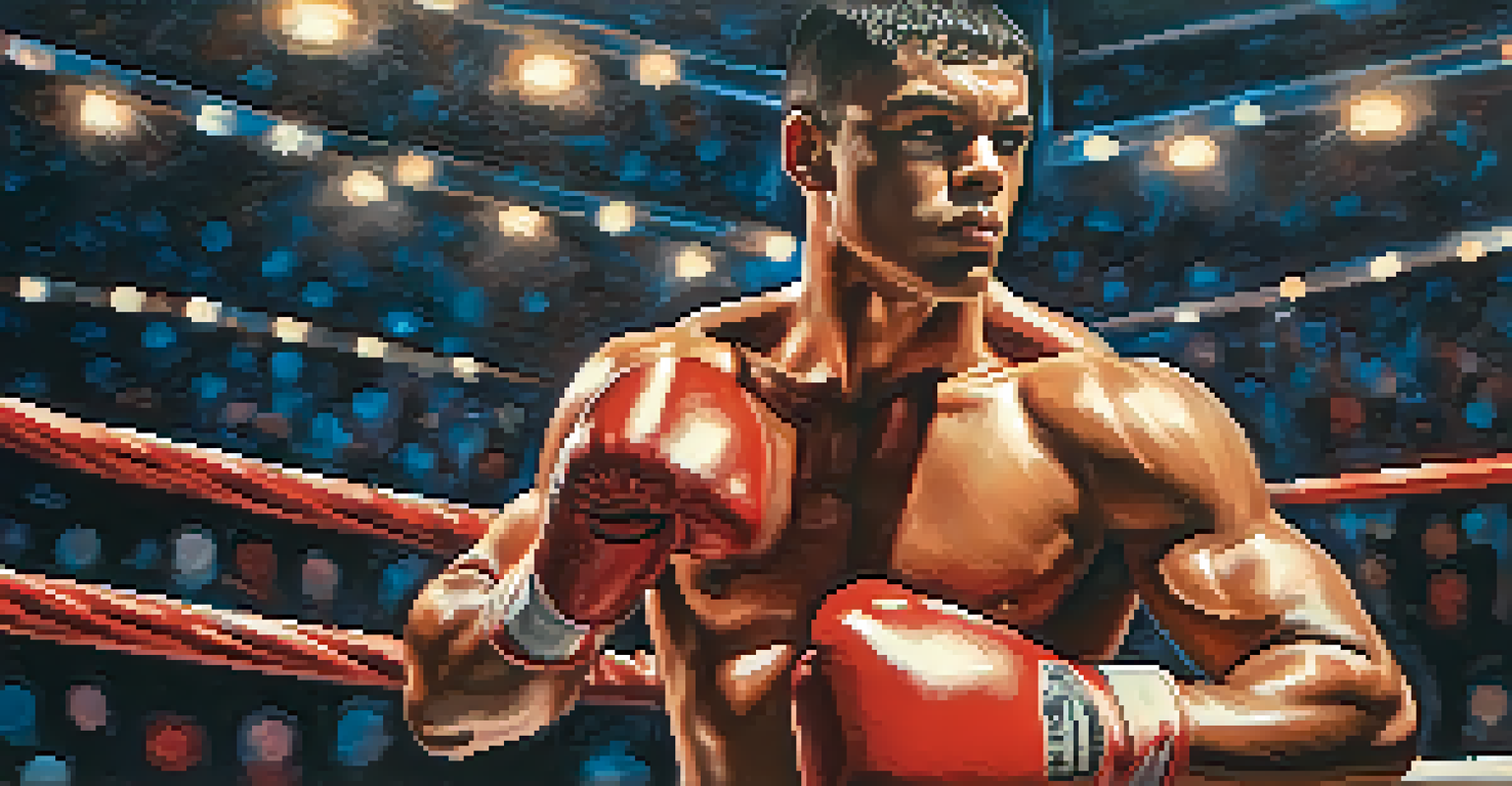 A close-up of a determined boxer in the ring, sweat glistening on his face, with a blurred audience in the background.