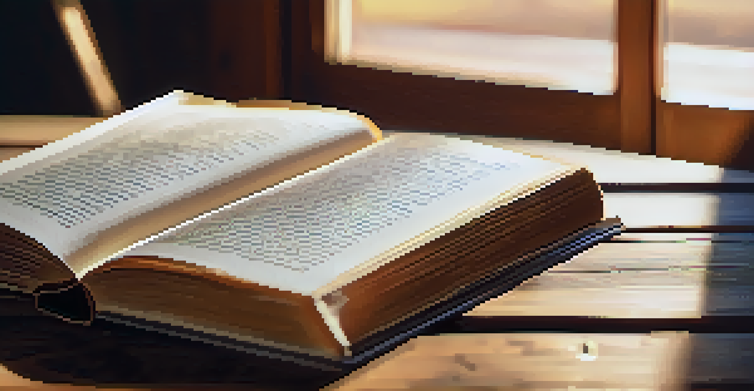 An open book on a wooden table with sunlight illuminating its pages, representing themes of reflection and self-discovery.