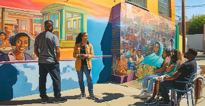 A documentary filmmaker interviews members of a marginalized community against colorful murals in warm light, showcasing empathy and connection.