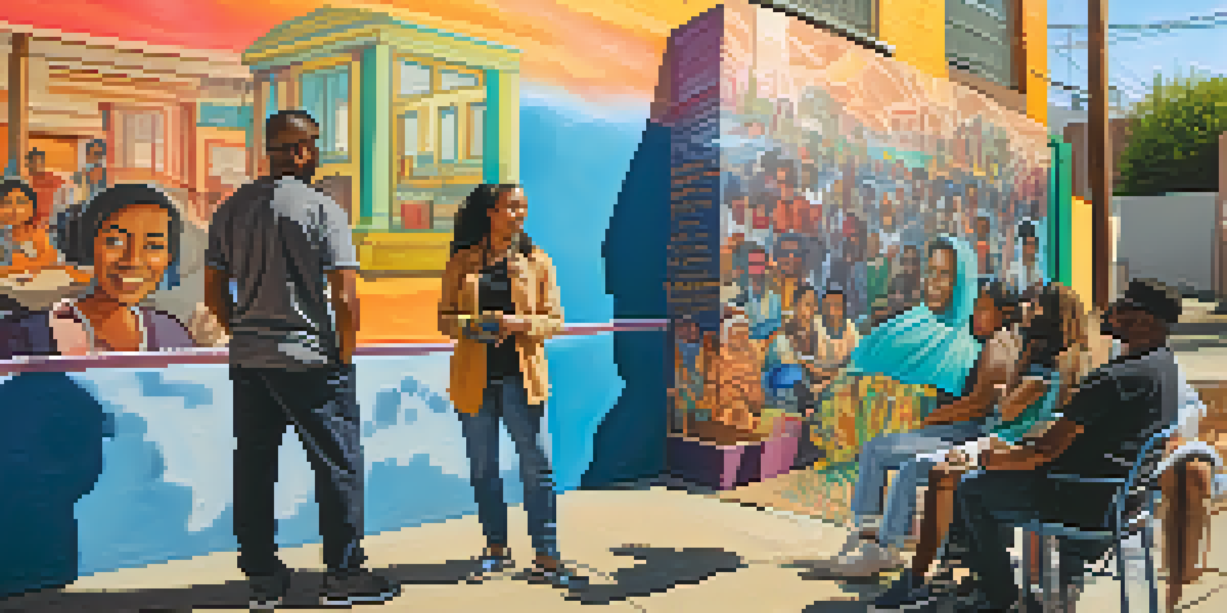 A documentary filmmaker interviews members of a marginalized community against colorful murals in warm light, showcasing empathy and connection.