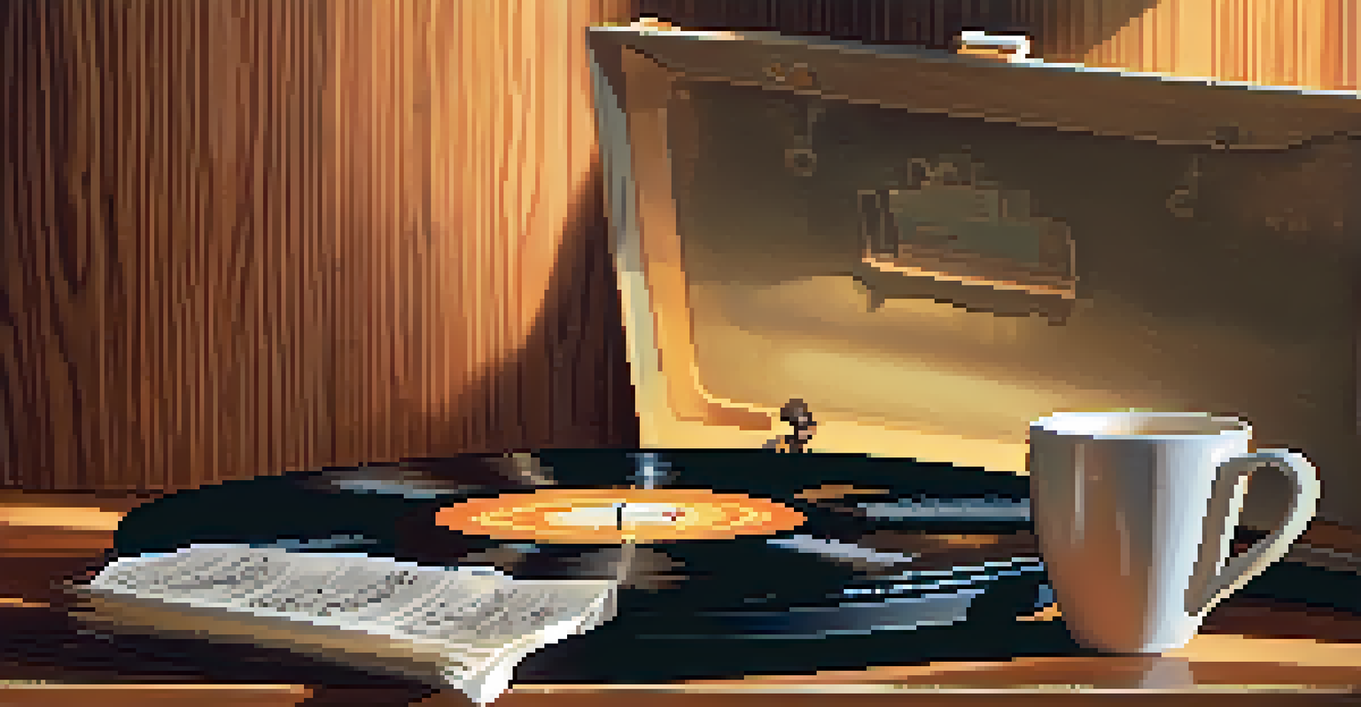 A close-up of a vintage vinyl record player with a spinning record and warm lighting, accompanied by scattered music notes and a cup of tea.