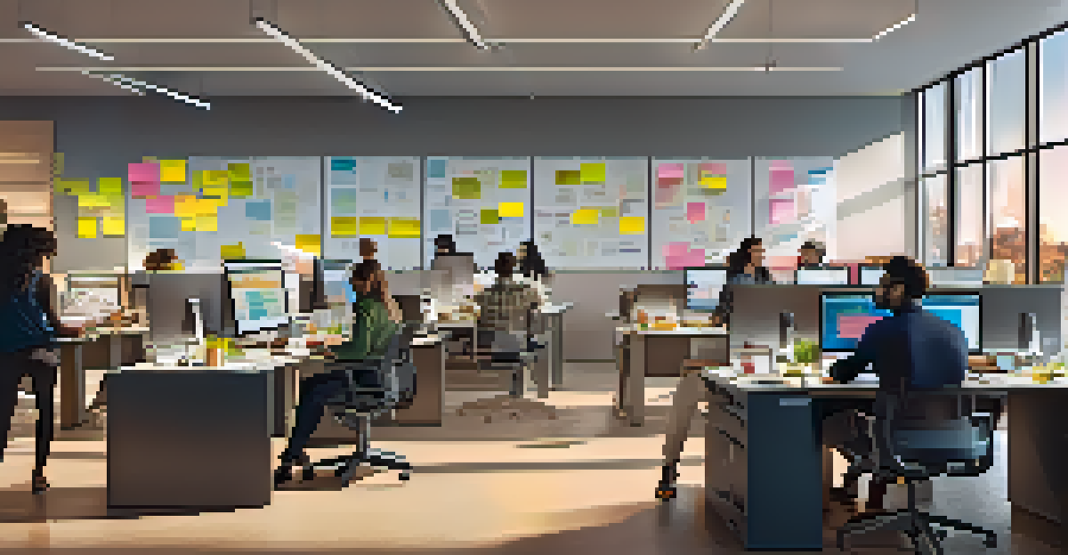 A diverse group of editors collaborating in a modern office, working on laptops with cloud-based editing software and project timelines displayed on a large screen.