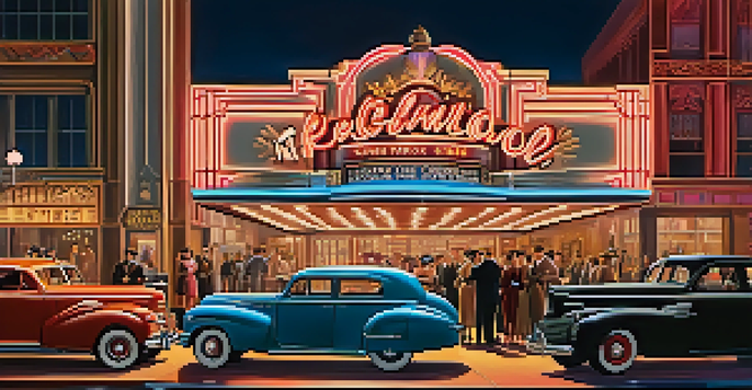 A vintage Hollywood film set from the 1940s with crew members, a glamorous building, and actors in period costumes.