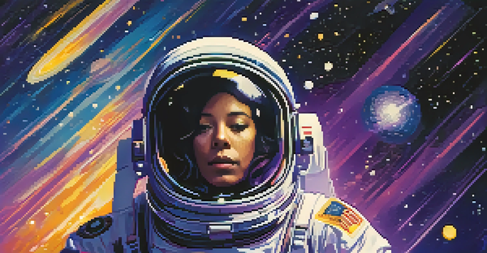 A movie poster showing an astronaut floating in space among galaxies and stars, with a gradient background and bold title at the bottom.