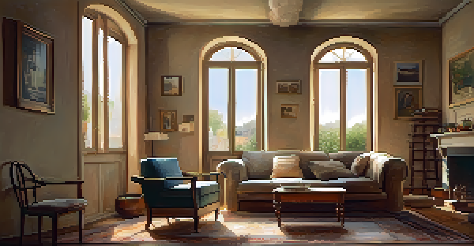 A modest living room in an Italian home, filled with natural light and simple furnishings.