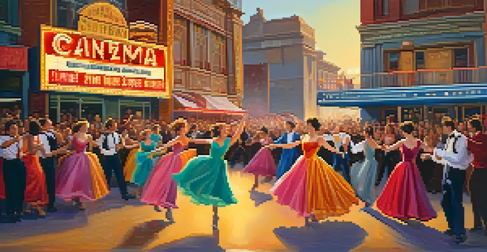 A lively street performance with dancers in colorful costumes and a vintage cinema marquee in the background, illuminated by sunset light.