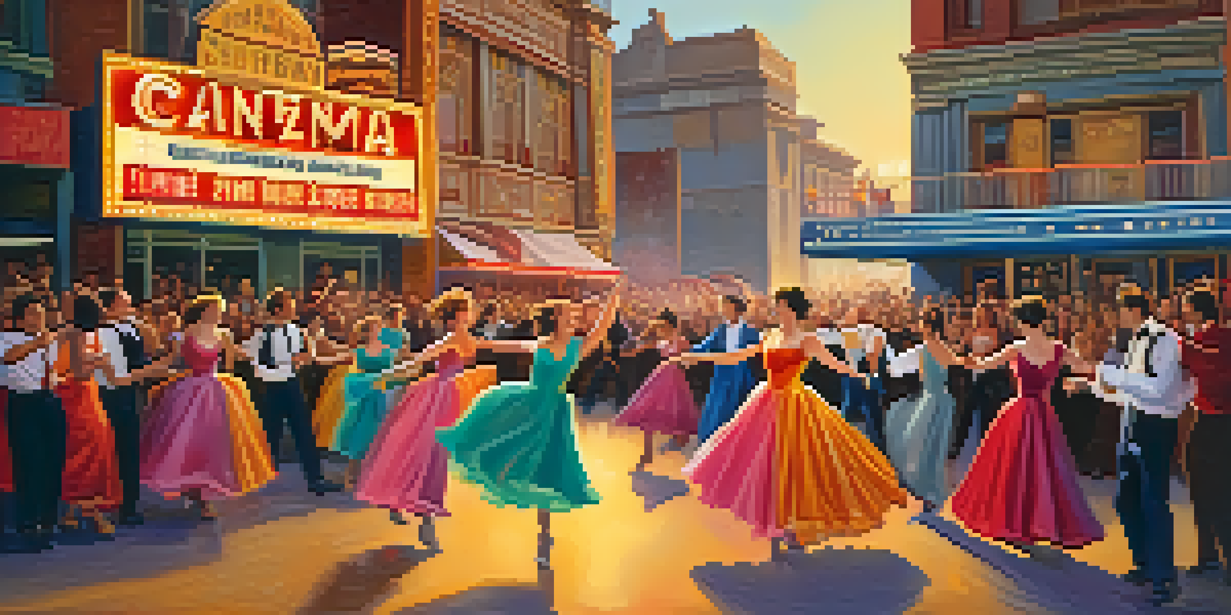 A lively street performance with dancers in colorful costumes and a vintage cinema marquee in the background, illuminated by sunset light.