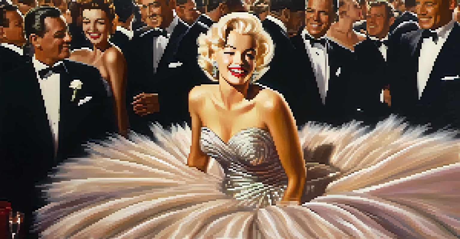 An elegant 1950s Hollywood celebrity styled like Marilyn Monroe, posing at a glamorous party with sparkling lights and a crowd in the background.