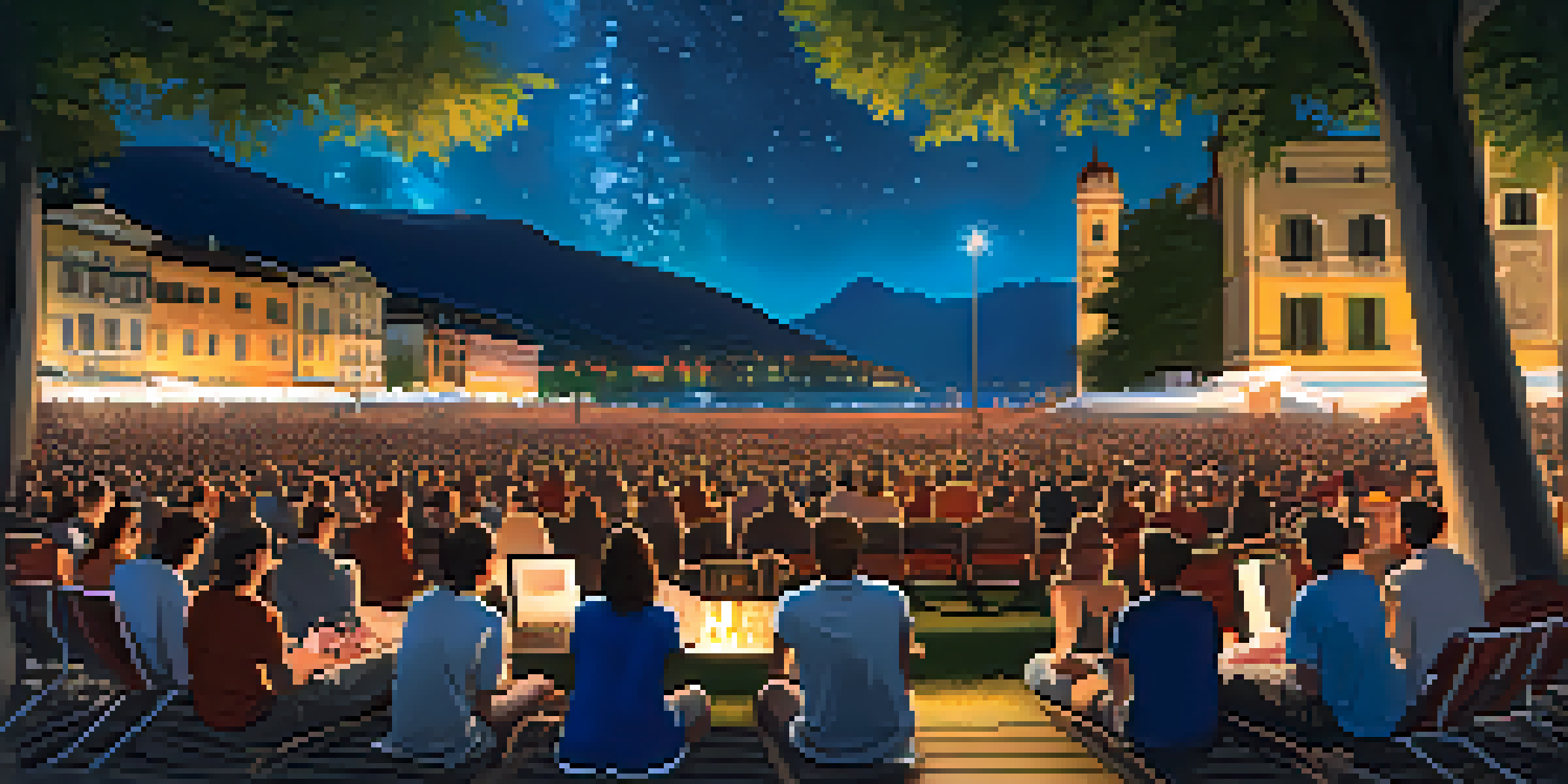 An open-air cinema at the Locarno Film Festival with a large screen displaying a film under the stars, surrounded by an engaged audience and the picturesque Swiss Alps in the background.