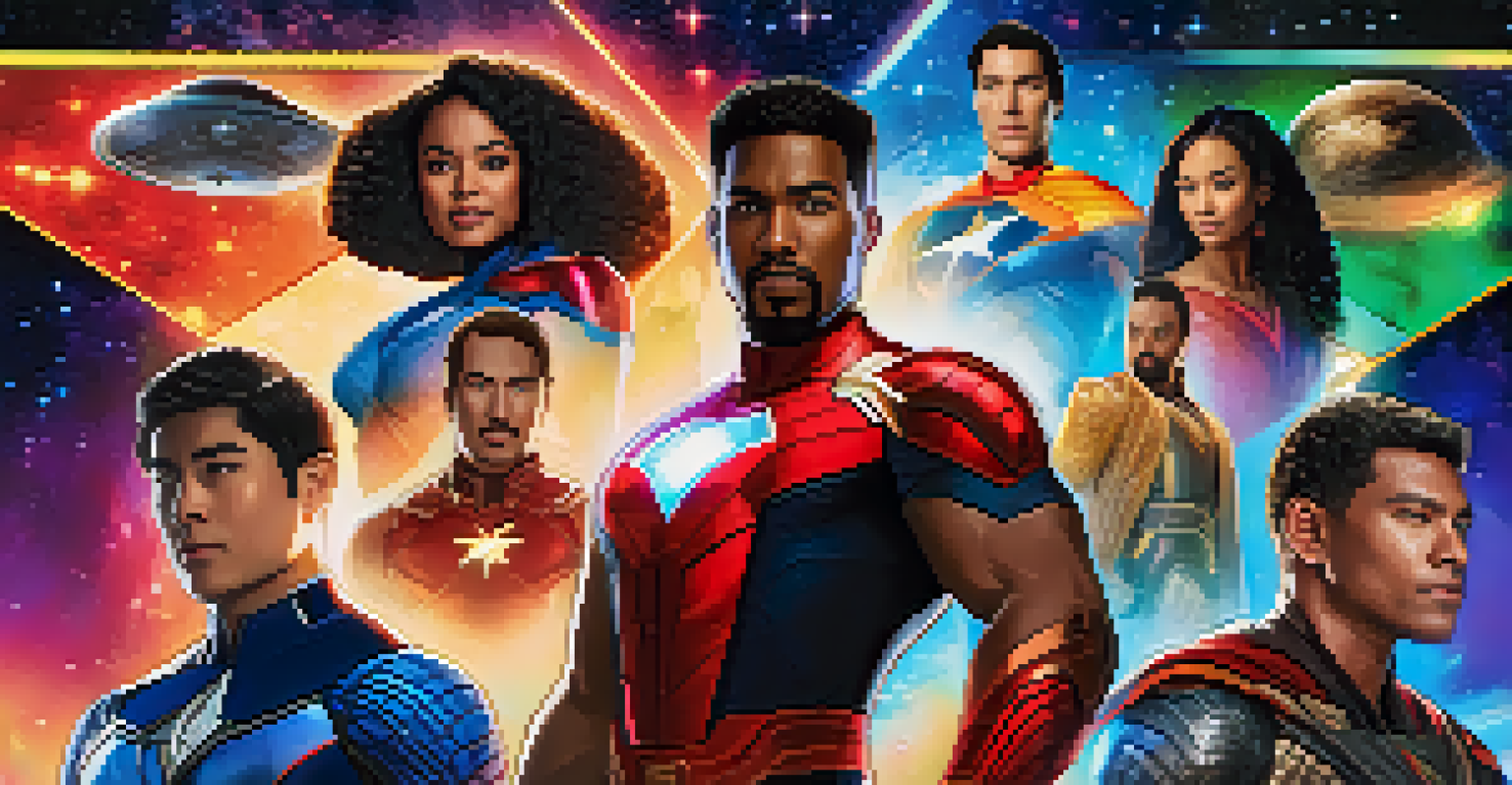 A cinematic universe poster featuring diverse superheroes in heroic poses against a cosmic background.