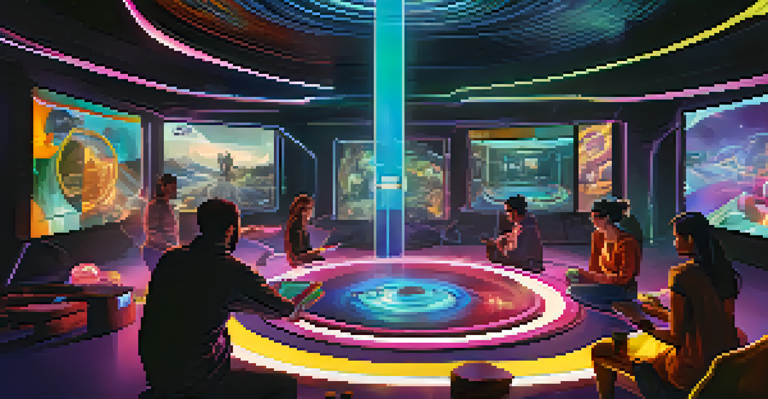 Participants involved in 'The Immersive Game', interacting with a vibrant set featuring futuristic technology and screens displaying narratives.