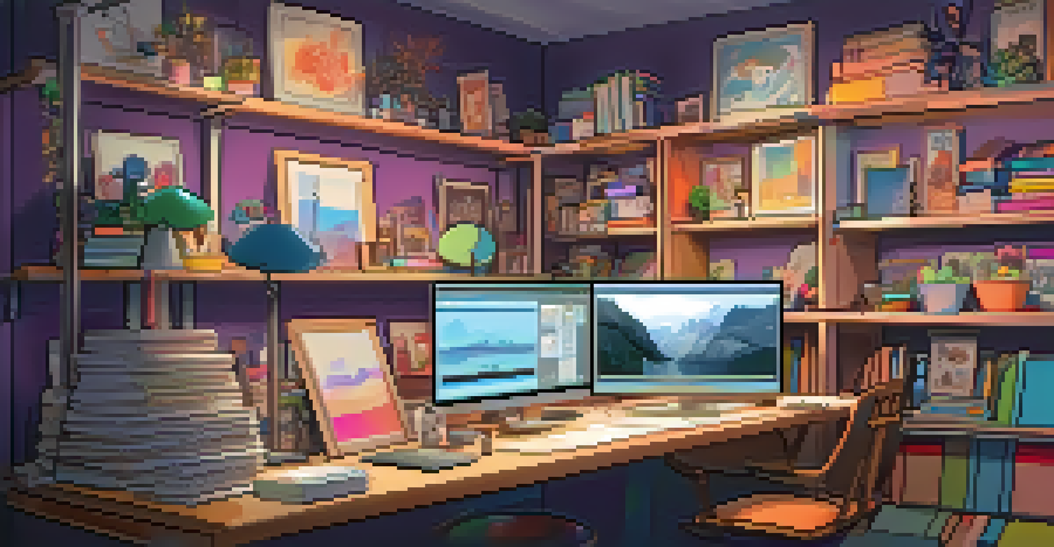 A 2D animation studio workspace with a digital tablet showing character designs and colorful art supplies.