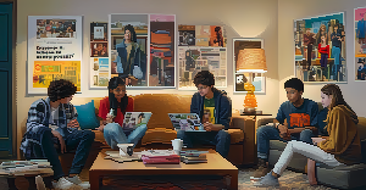 A warm living room where teenagers are discussing while surrounded by pop culture posters, with a laptop showing a social media page.