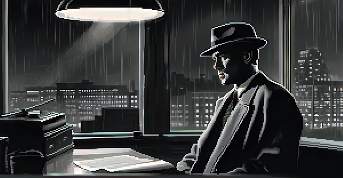 A 1940s detective in a dimly lit office, looking out of a rain-streaked window at a neon-lit city skyline.