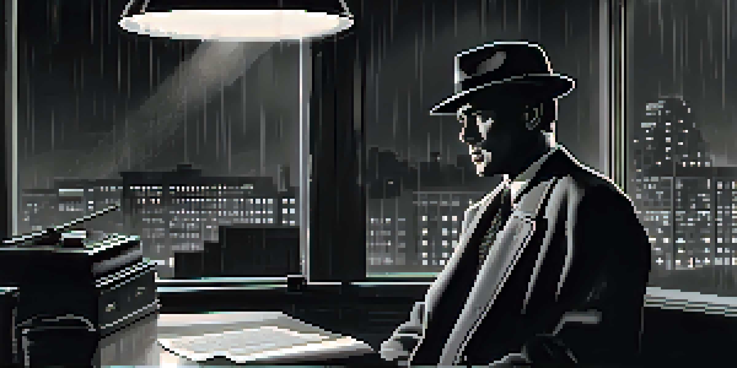A 1940s detective in a dimly lit office, looking out of a rain-streaked window at a neon-lit city skyline.
