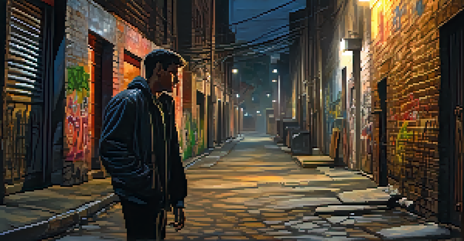 An antihero stands in a dimly lit alleyway, holding a mysterious object under a streetlight with graffiti in the background.