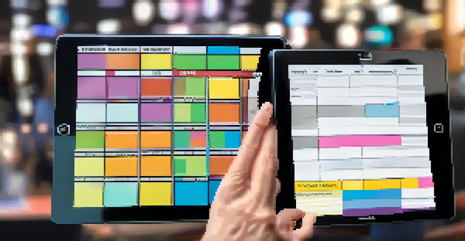 A director's hands holding a tablet with a shooting schedule in front of a busy film set background.