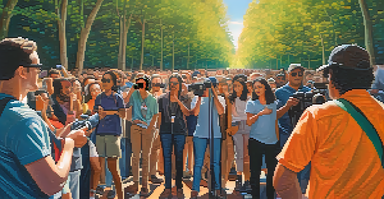 A filmmaker capturing a rally for social change, with activists holding signs, bright colors, and dappled sunlight filtering through trees.