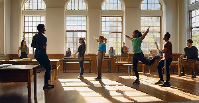 A diverse group of actors practicing movement exercises in a well-lit classroom, with wooden textures and motivational posters on the walls.