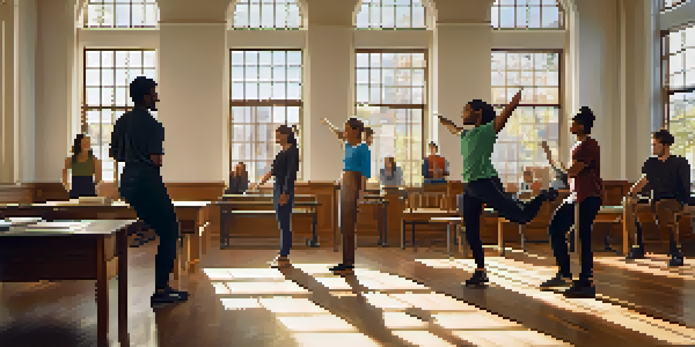 A diverse group of actors practicing movement exercises in a well-lit classroom, with wooden textures and motivational posters on the walls.