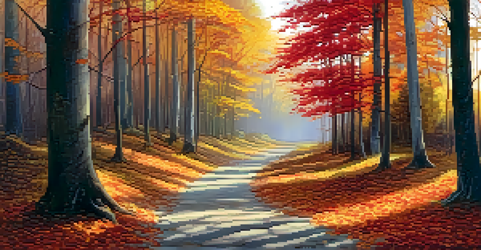 A serene autumn forest with colorful leaves, a winding path, and sunlight filtering through the trees.